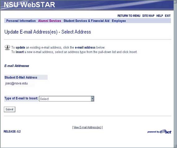 WebSTAR for Alumni Update E-mail Address screen